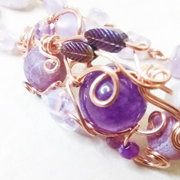 Lilac & Purple Butterfly + Gemstone Bracelet! Amethyst + Agate + WireWrap Copper - Picture 9 of 14